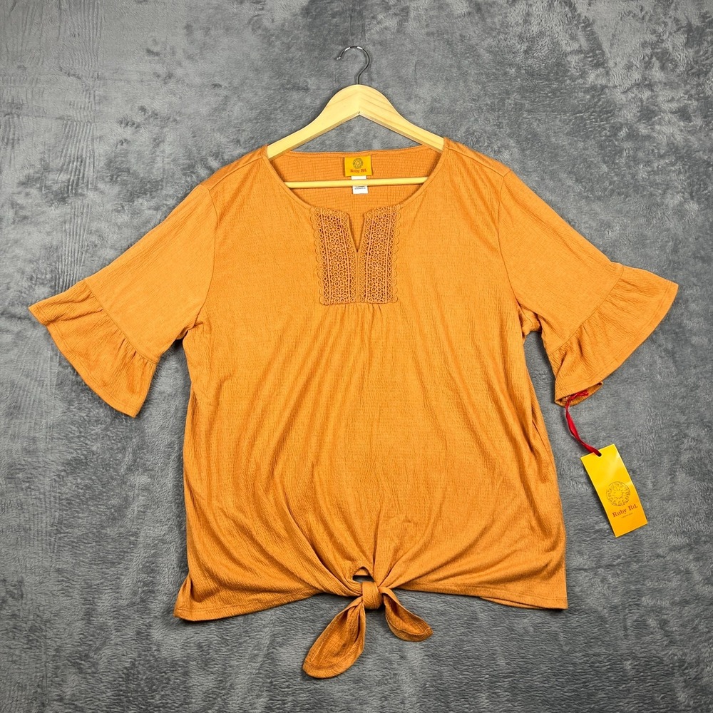 Ruby Rd. Blouse Top Womens XL Yellow Stretch Crochet Split Neck Tie Front Hem